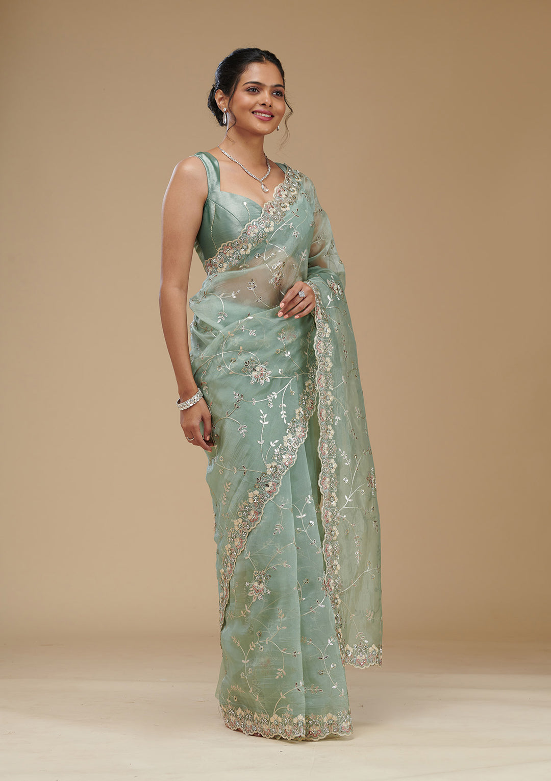 Pista Green Gotapatti Tissue Saree