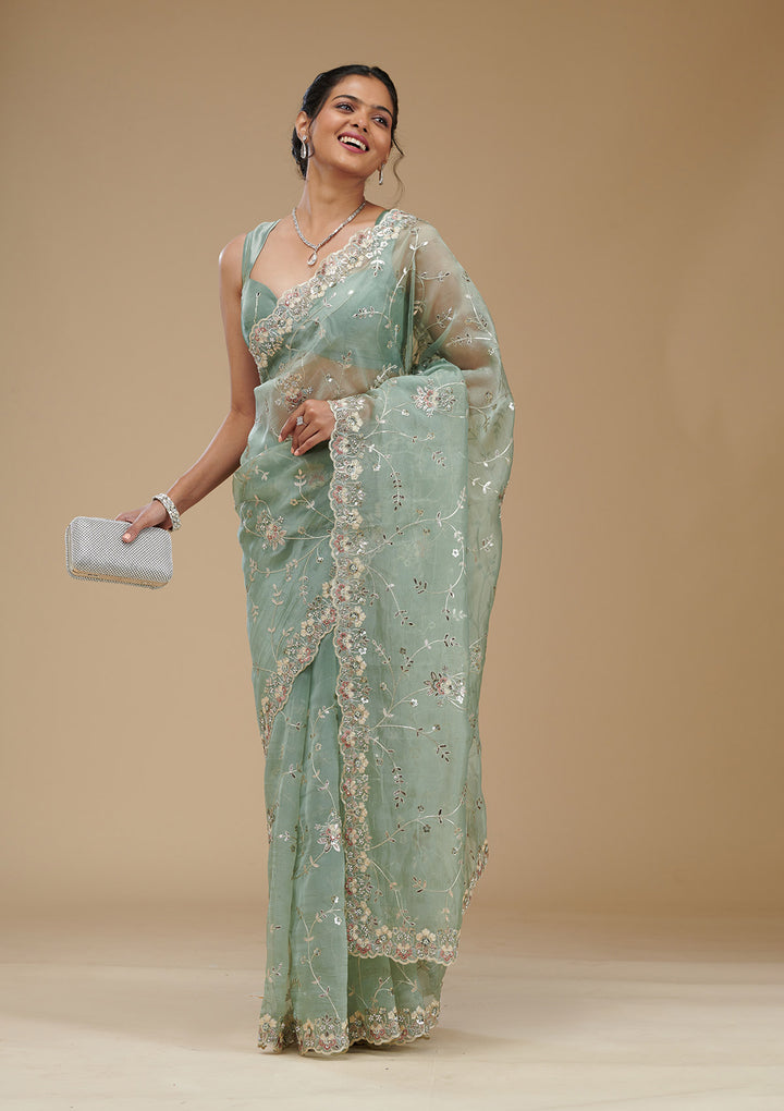 Pista Green Gotapatti Tissue Saree