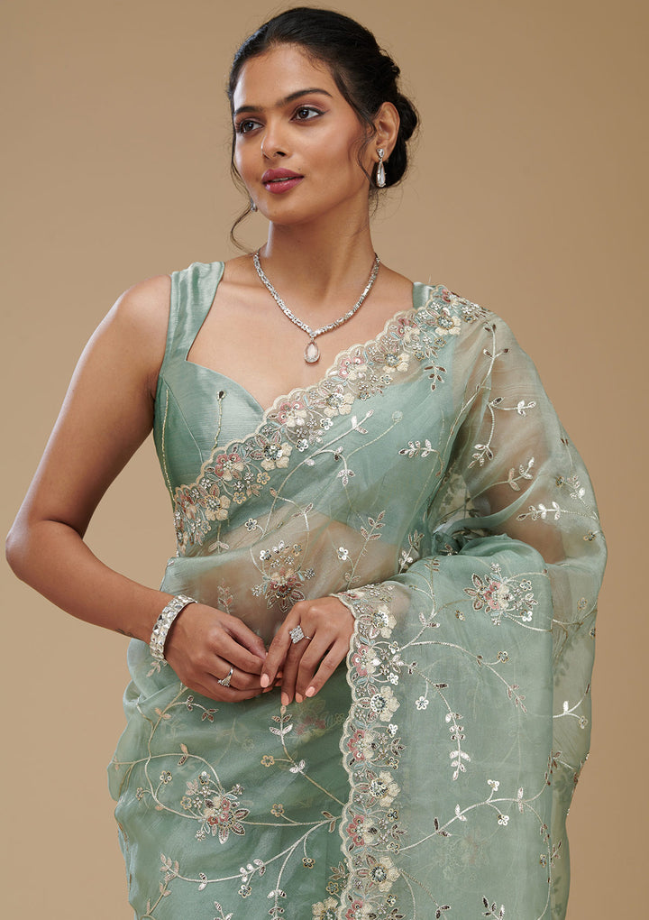 Pista Green Gotapatti Tissue Saree