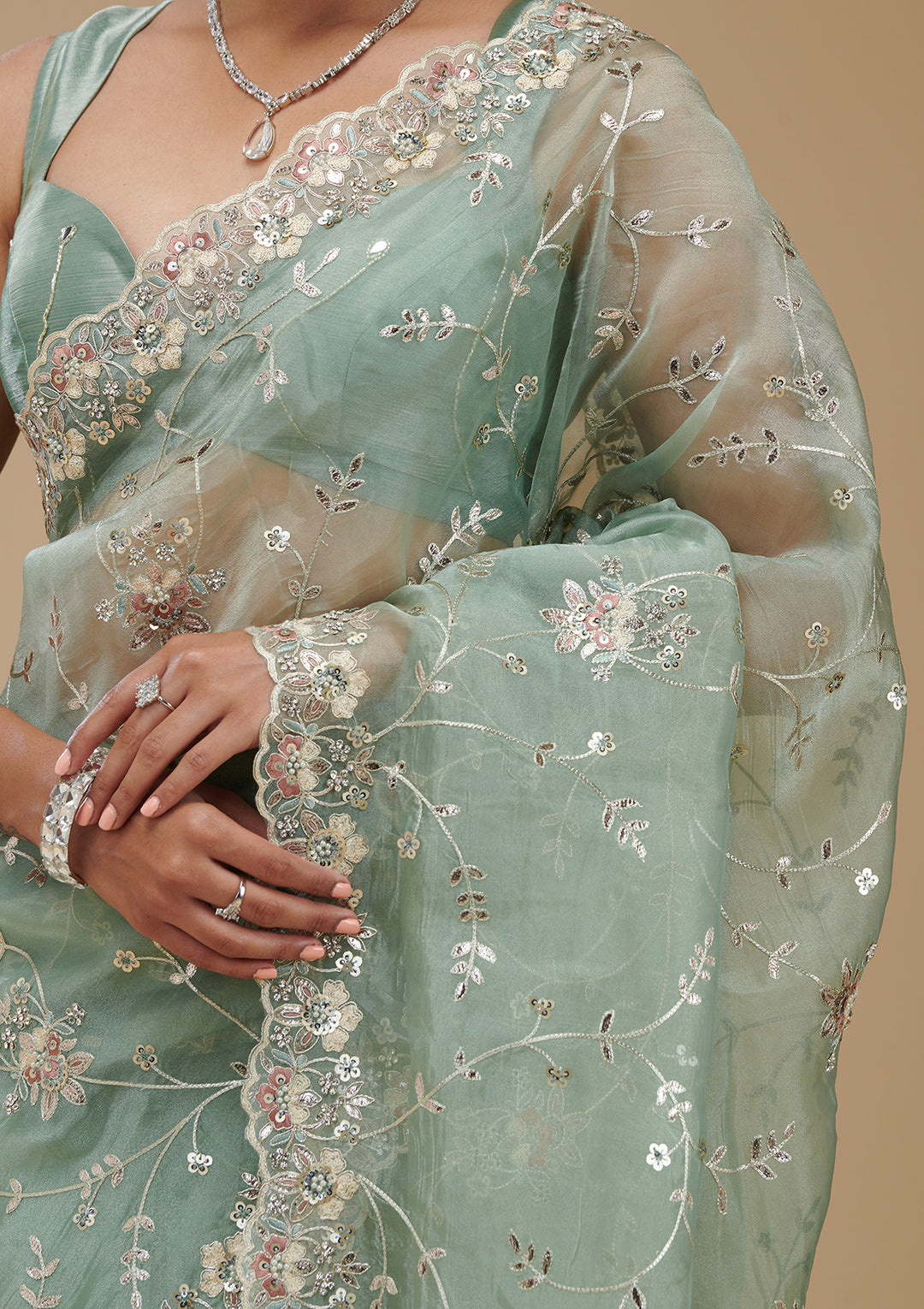 Pista Green Gotapatti Tissue Saree