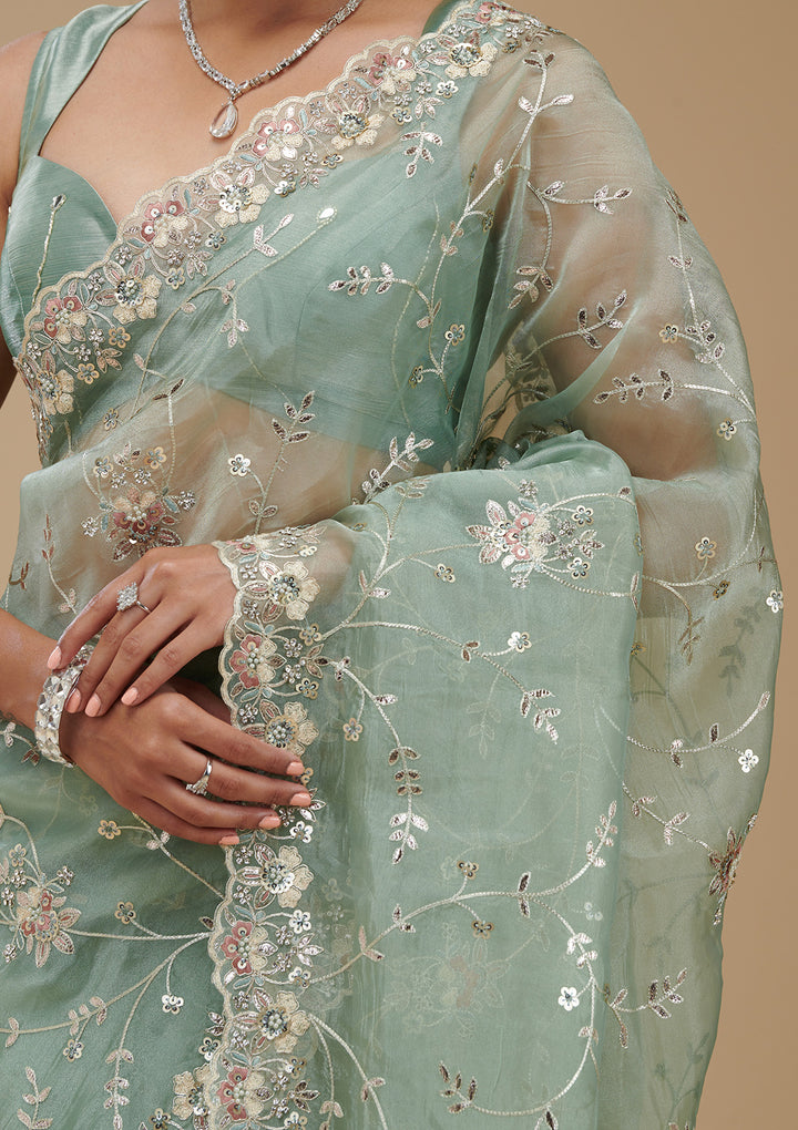 Pista Green Gotapatti Tissue Saree