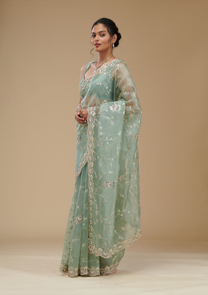 Pista Green Gotapatti Tissue Saree