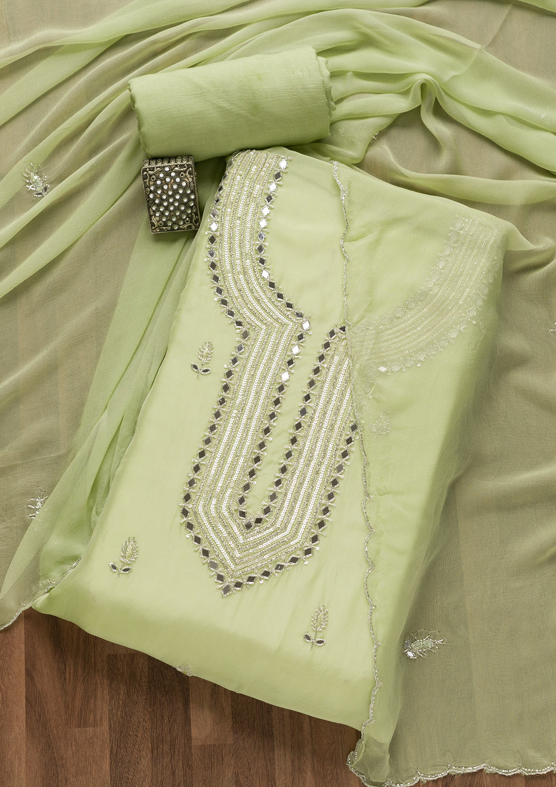 Pista Green Mirrorwork Organza Unstitched Salwar Suit