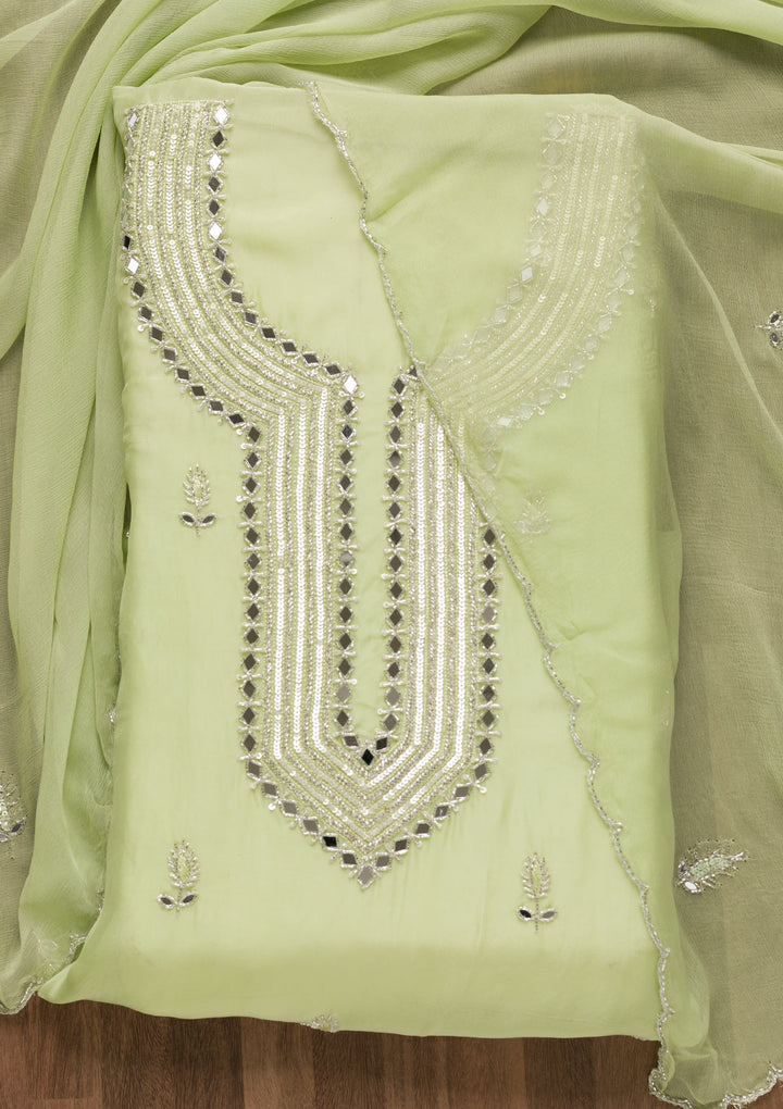 Pista Green Mirrorwork Organza Unstitched Salwar Suit