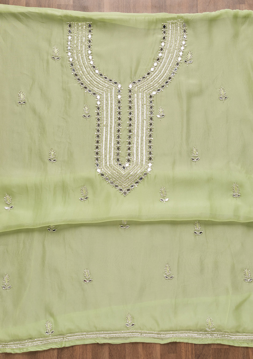 Pista Green Mirrorwork Organza Unstitched Salwar Suit