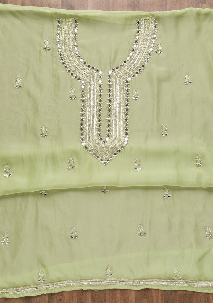Pista Green Mirrorwork Organza Unstitched Salwar Suit