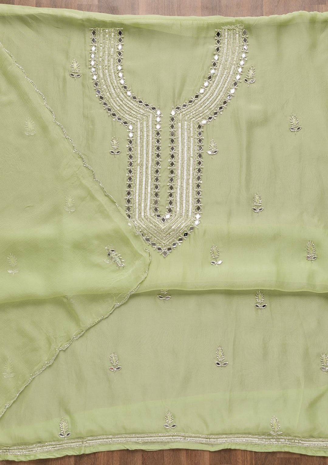Pista Green Mirrorwork Organza Unstitched Salwar Suit