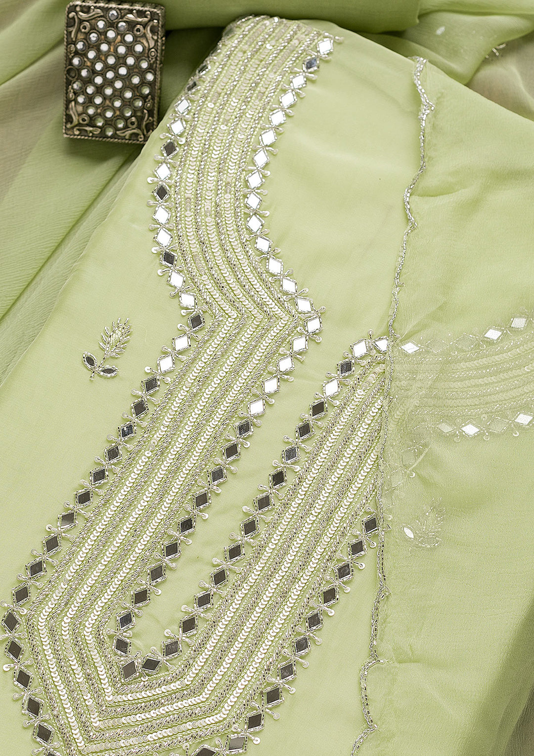 Pista Green Mirrorwork Organza Unstitched Salwar Suit