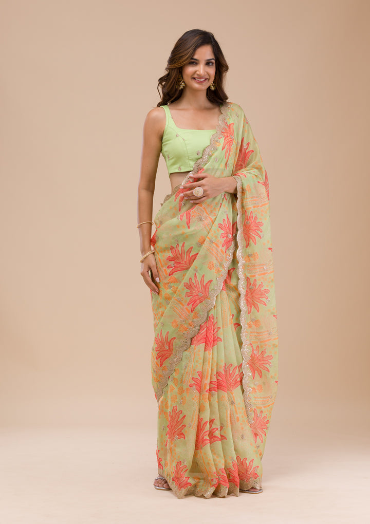 Pista Green Printed Organza Saree