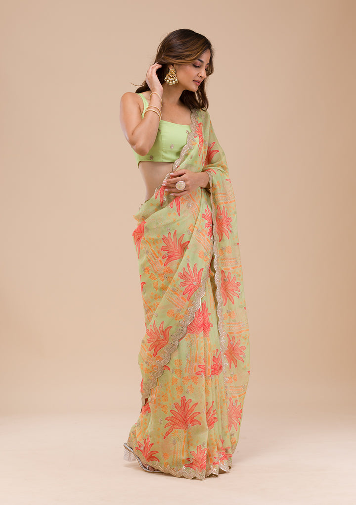 Pista Green Printed Organza Saree