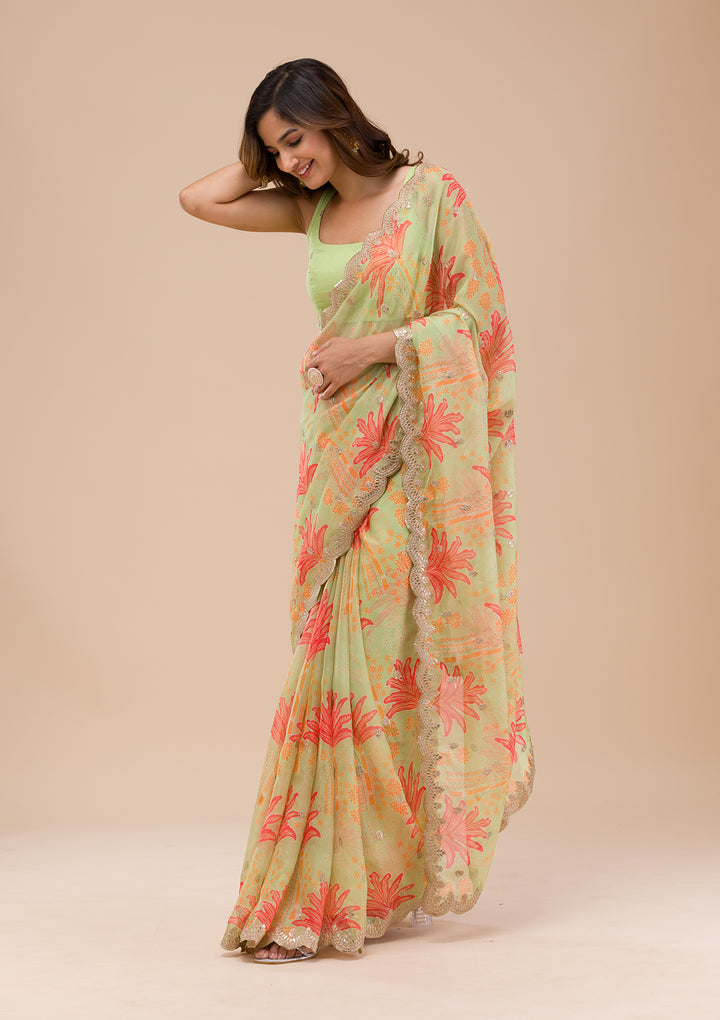 Pista Green Printed Organza Saree