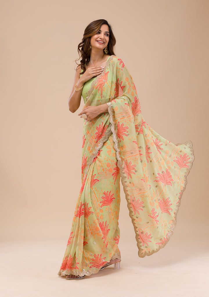 Pista Green Printed Organza Saree