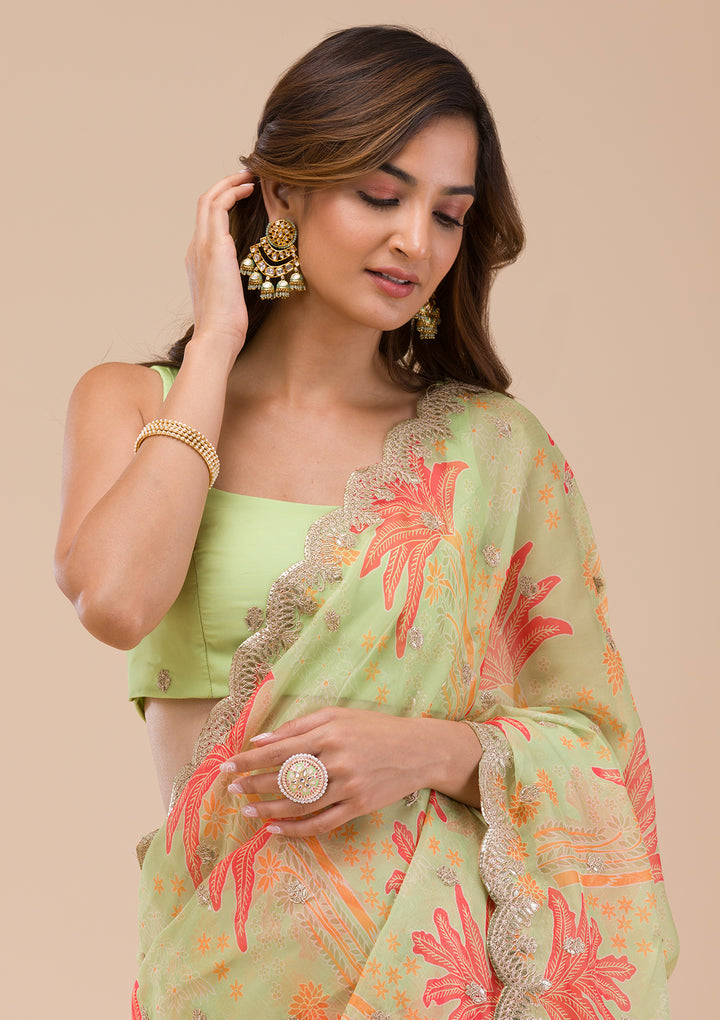 Pista Green Printed Organza Saree