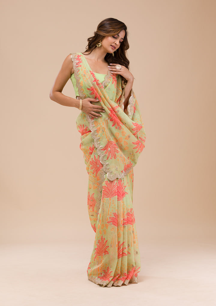 Pista Green Printed Organza Saree