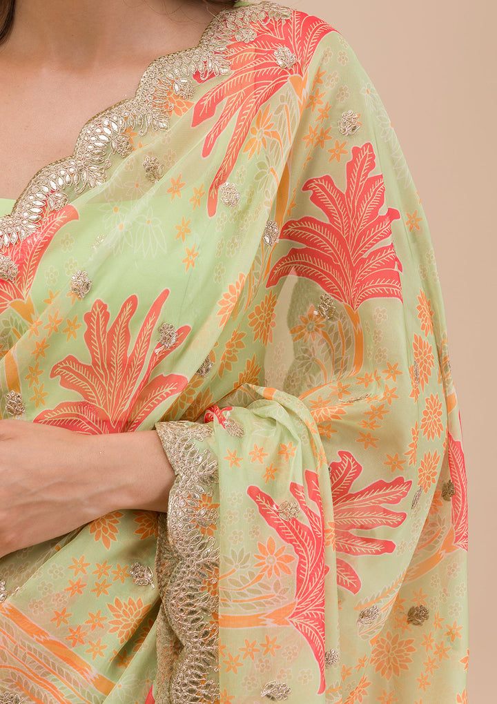 Pista Green Printed Organza Saree
