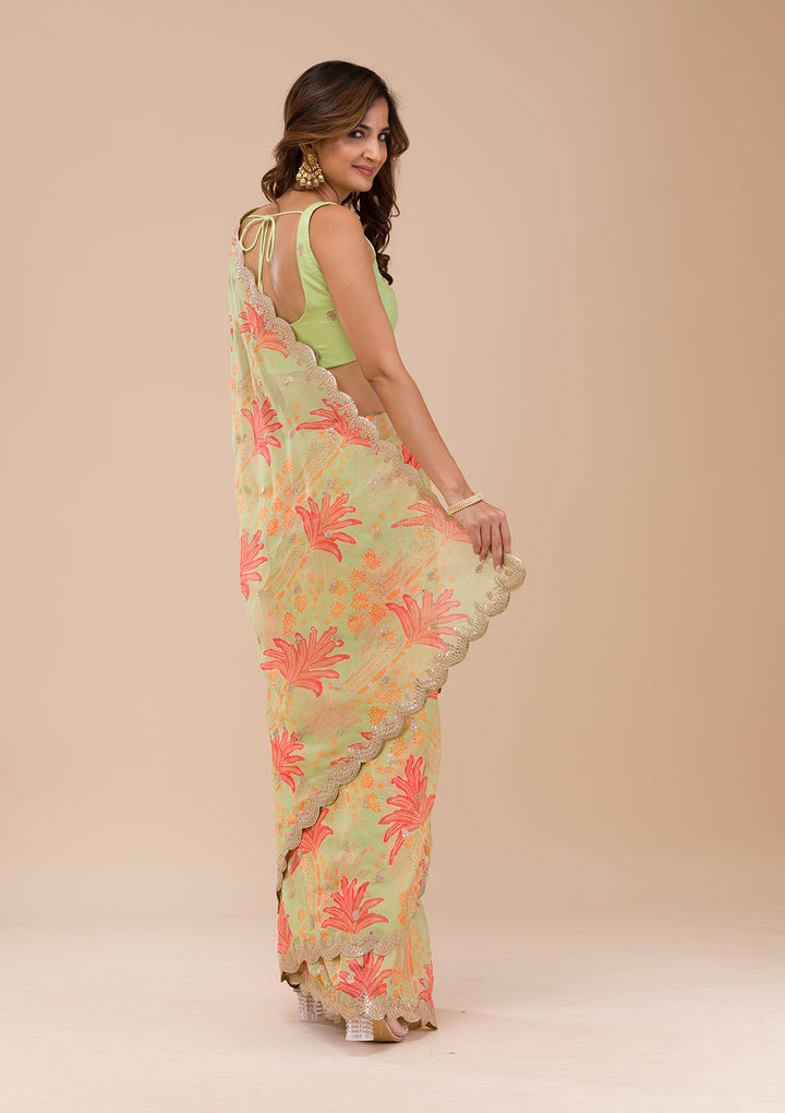 Pista Green Printed Organza Saree