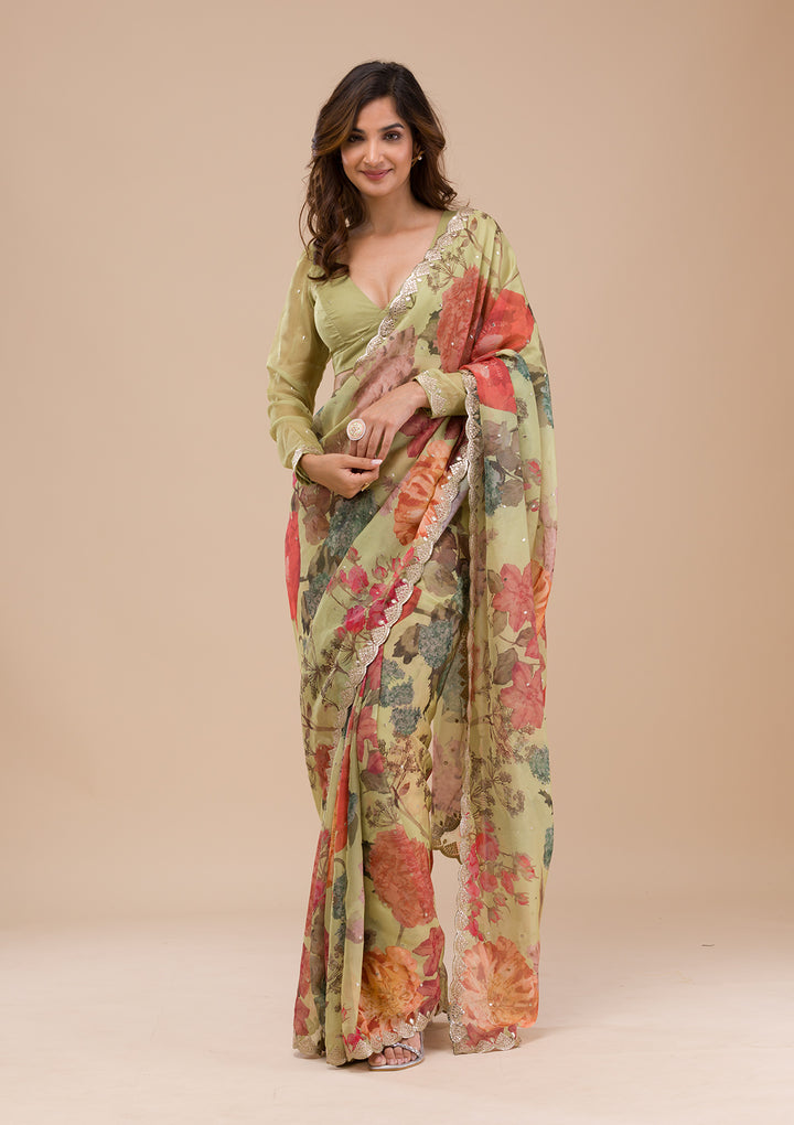 Pista Green Printed Organza Saree