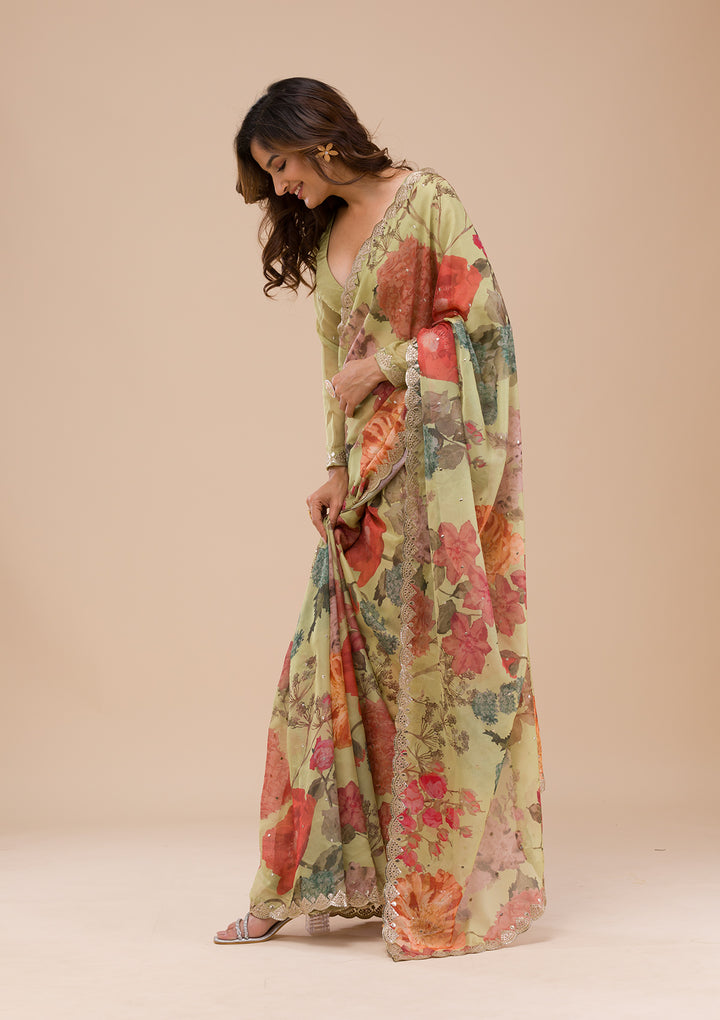 Pista Green Printed Organza Saree