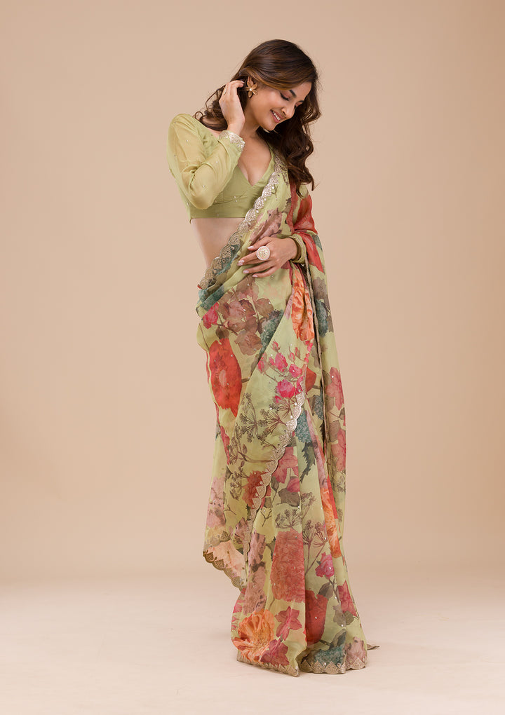 Pista Green Printed Organza Saree