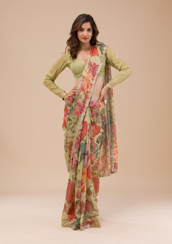 Pista Green Printed Organza Saree