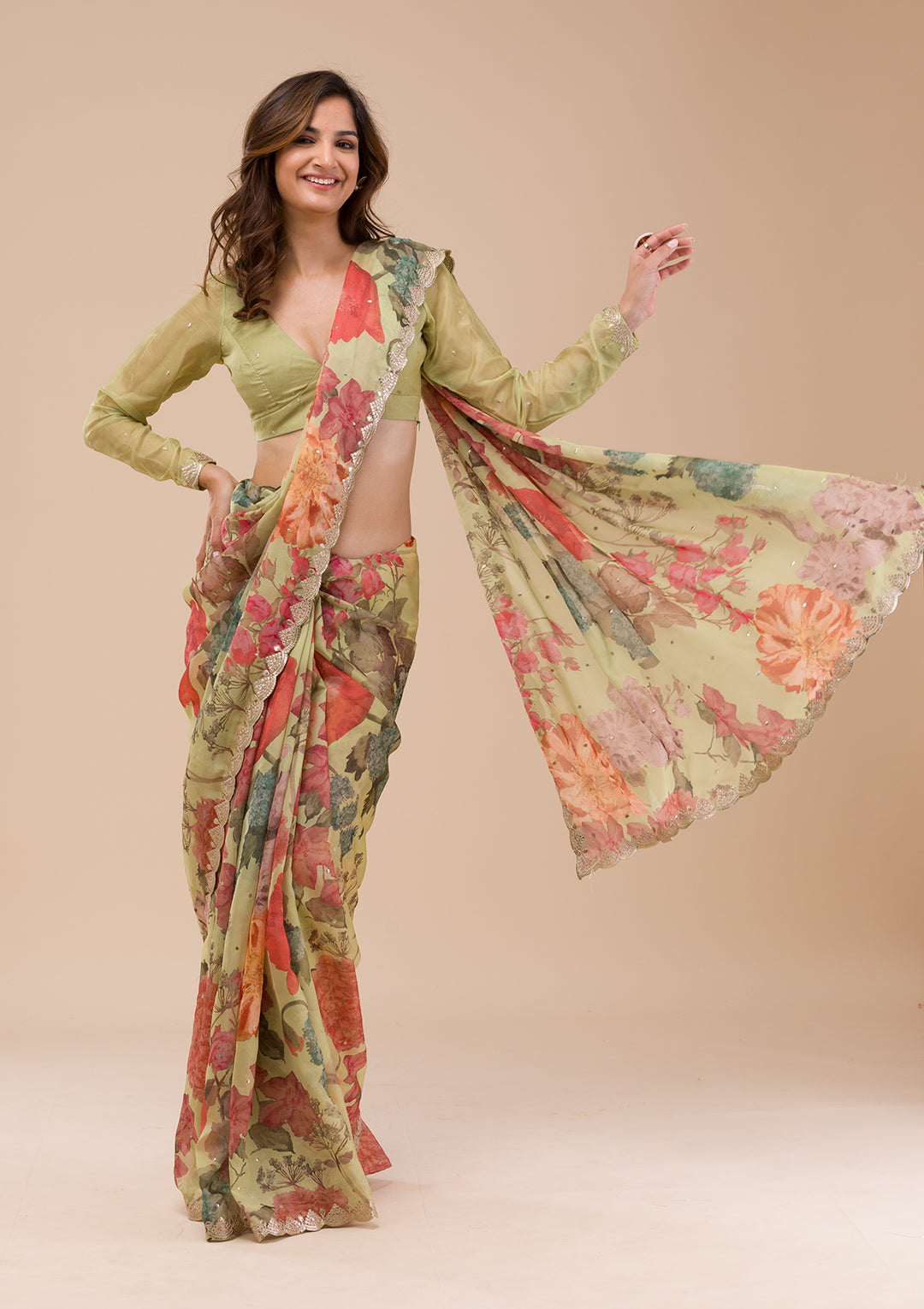 Pista Green Printed Organza Saree