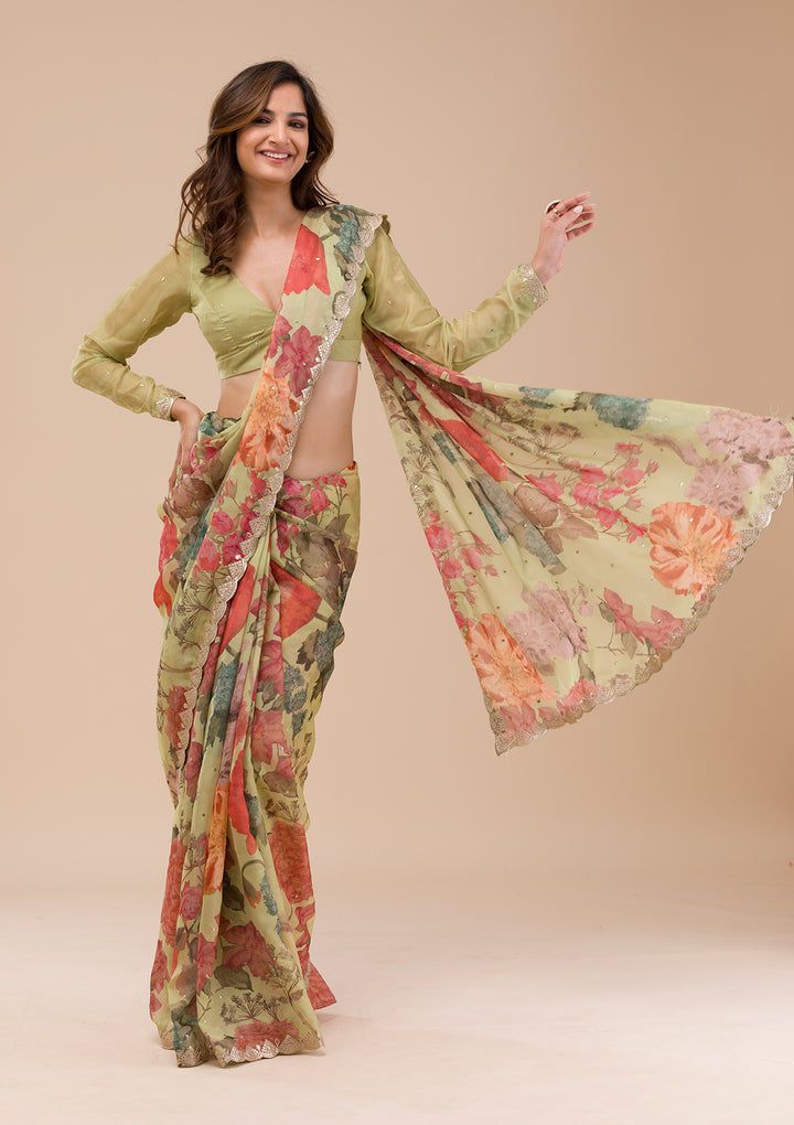 Pista Green Printed Organza Saree