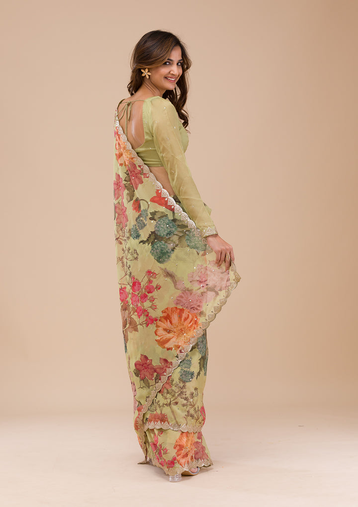 Pista Green Printed Organza Saree