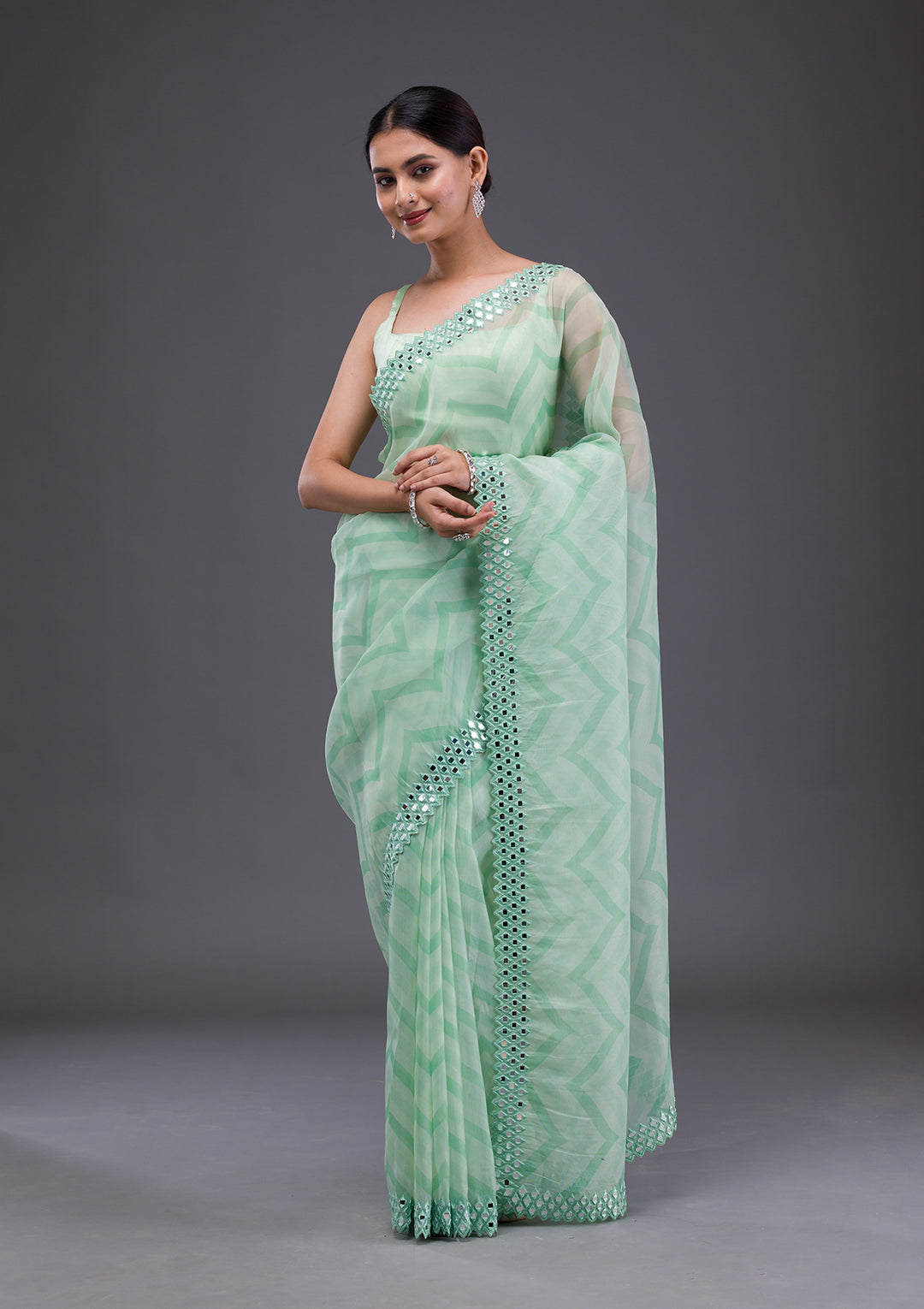 Pista Green Printed Satin Saree