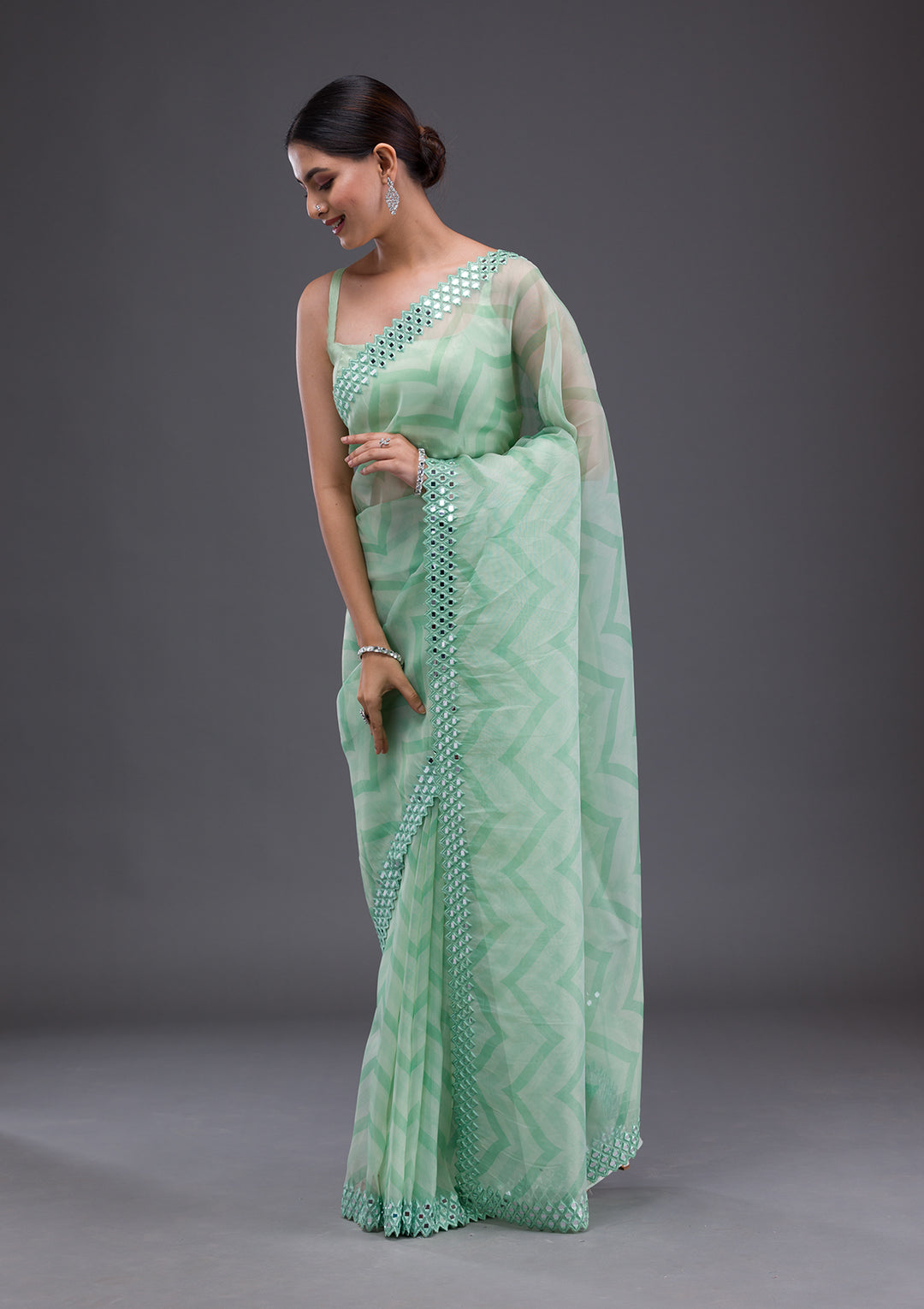 Pista Green Printed Satin Saree