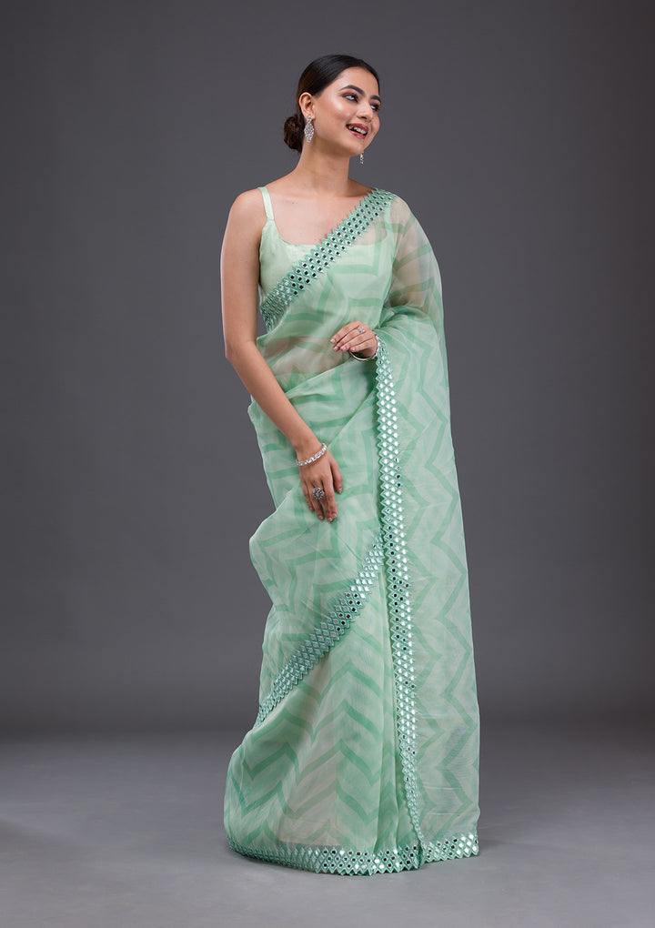 Pista Green Printed Satin Saree