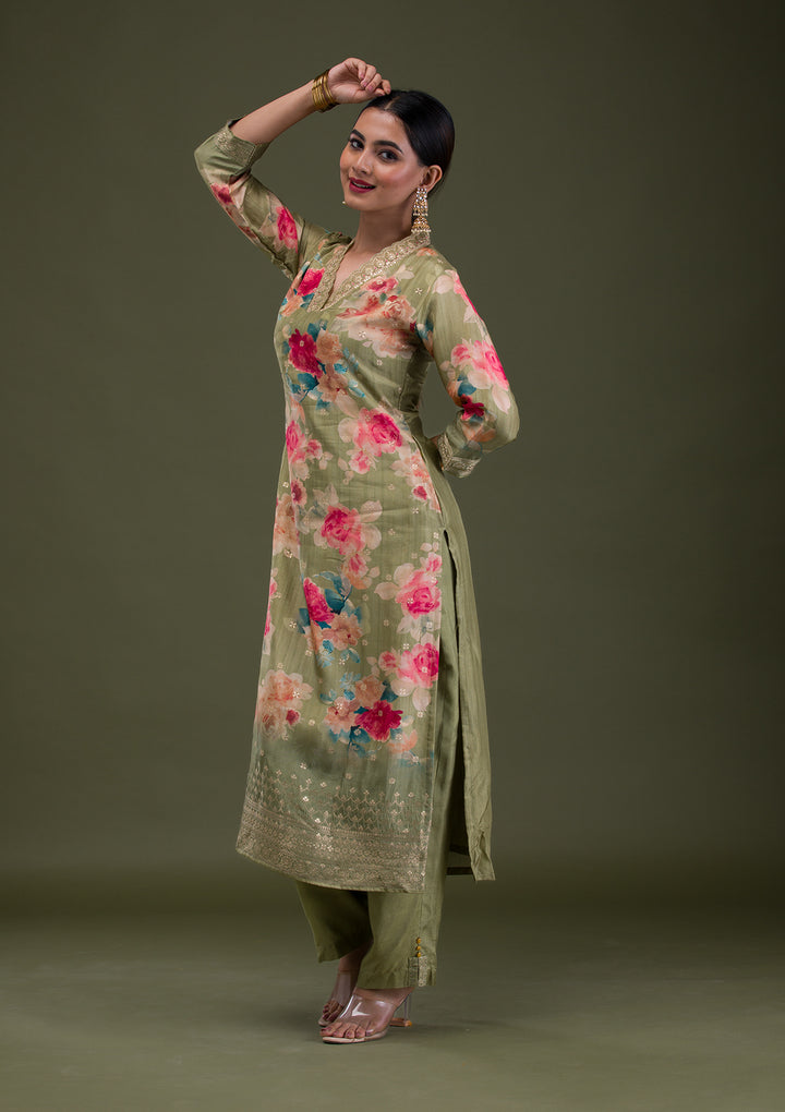 Pista Green Printed Semi Crepe Readymade Salwar Suit