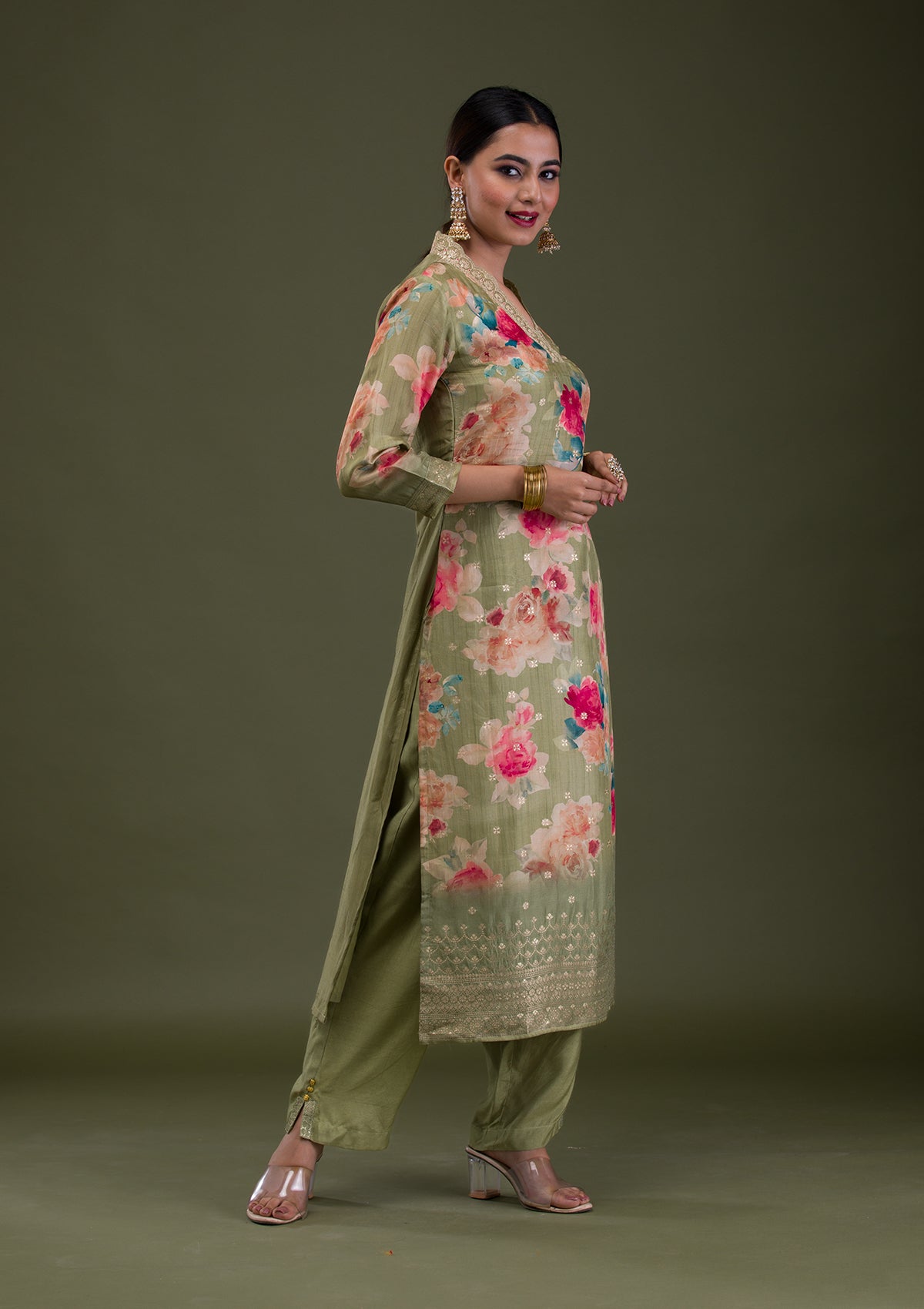 Pista Green Printed Semi Crepe Readymade Salwar Suit