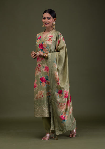 Pista Green Printed Semi Crepe Readymade Salwar Suit