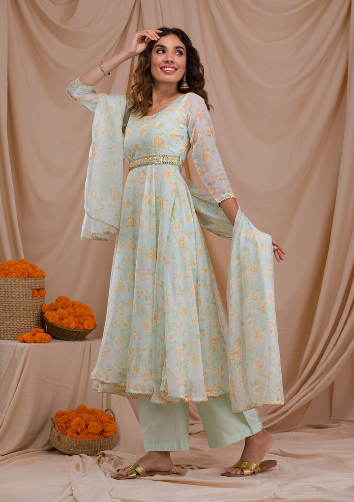 Pista Green Printed Tissue Readymade Salwar Suit-Koskii