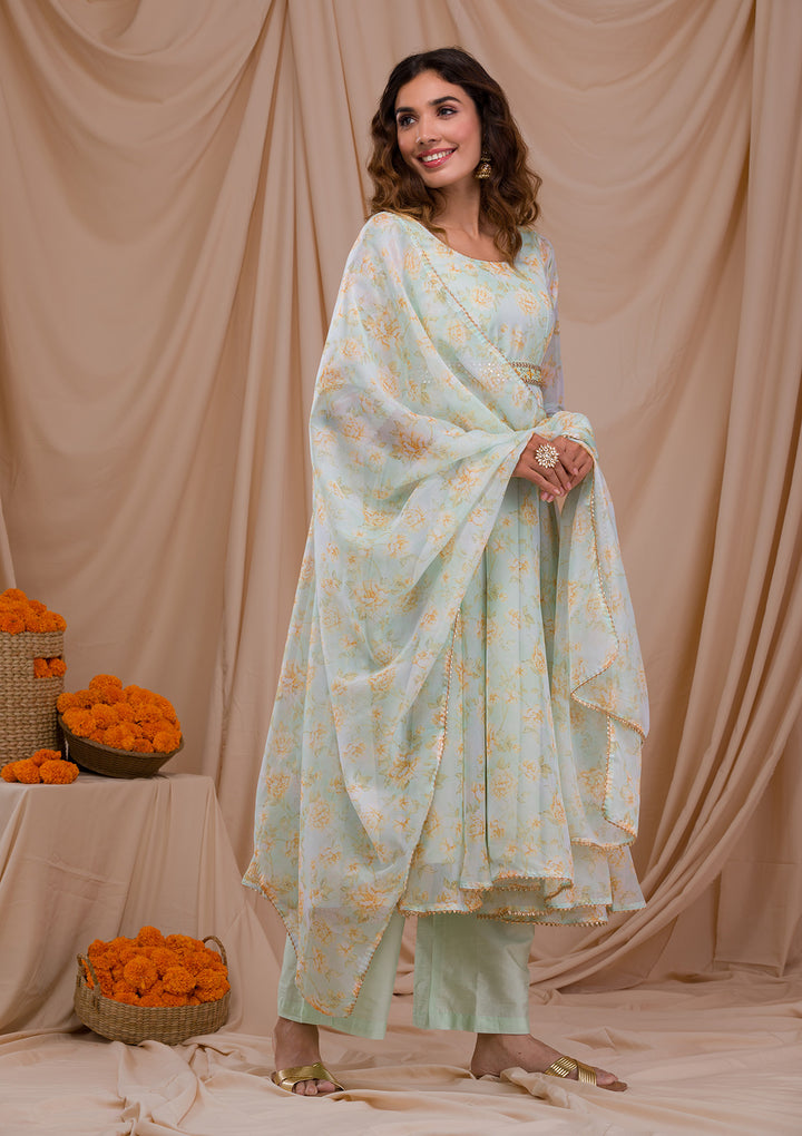 Pista Green Printed Tissue Readymade Salwar Suit-Koskii