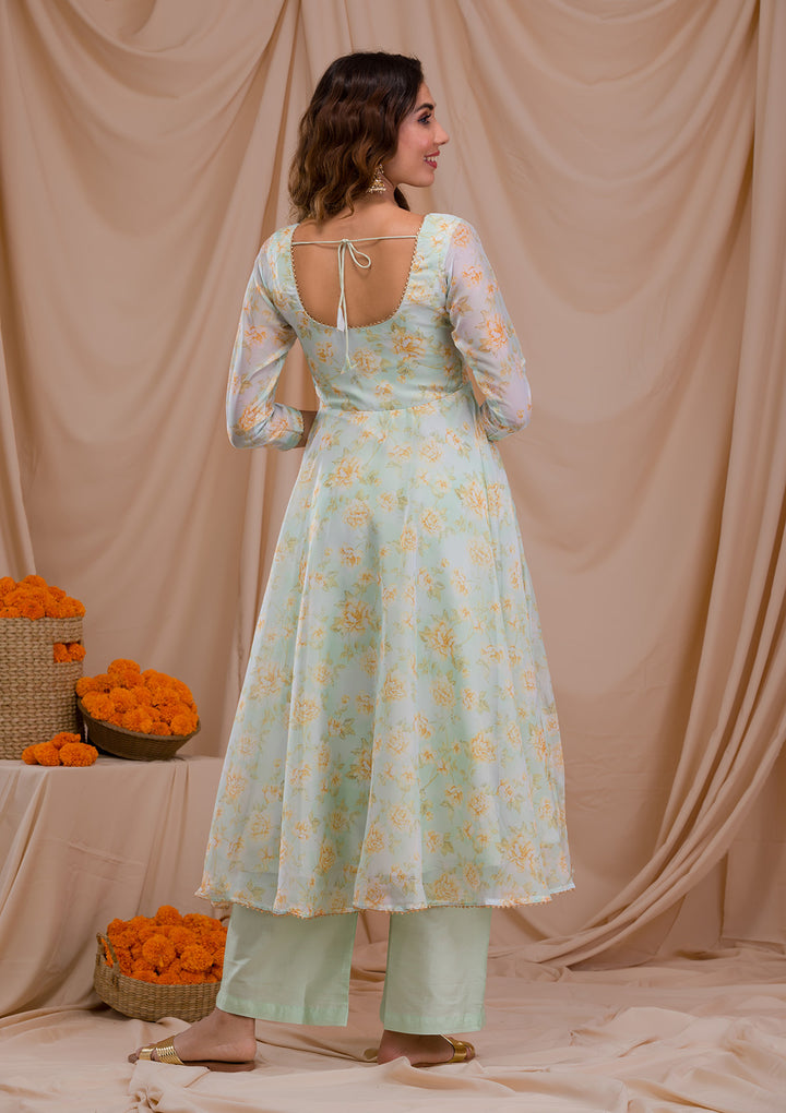Pista Green Printed Tissue Readymade Anarkali Suit