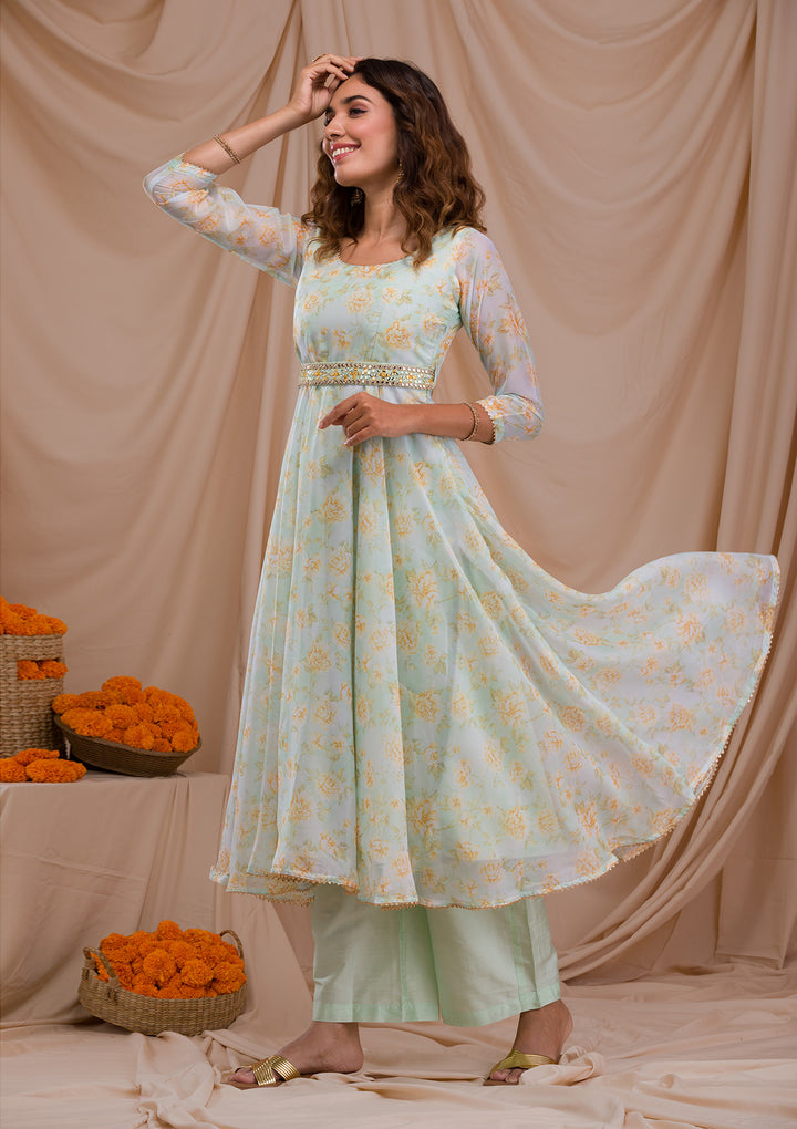 Pista Green Printed Tissue Readymade Salwar Suit-Koskii