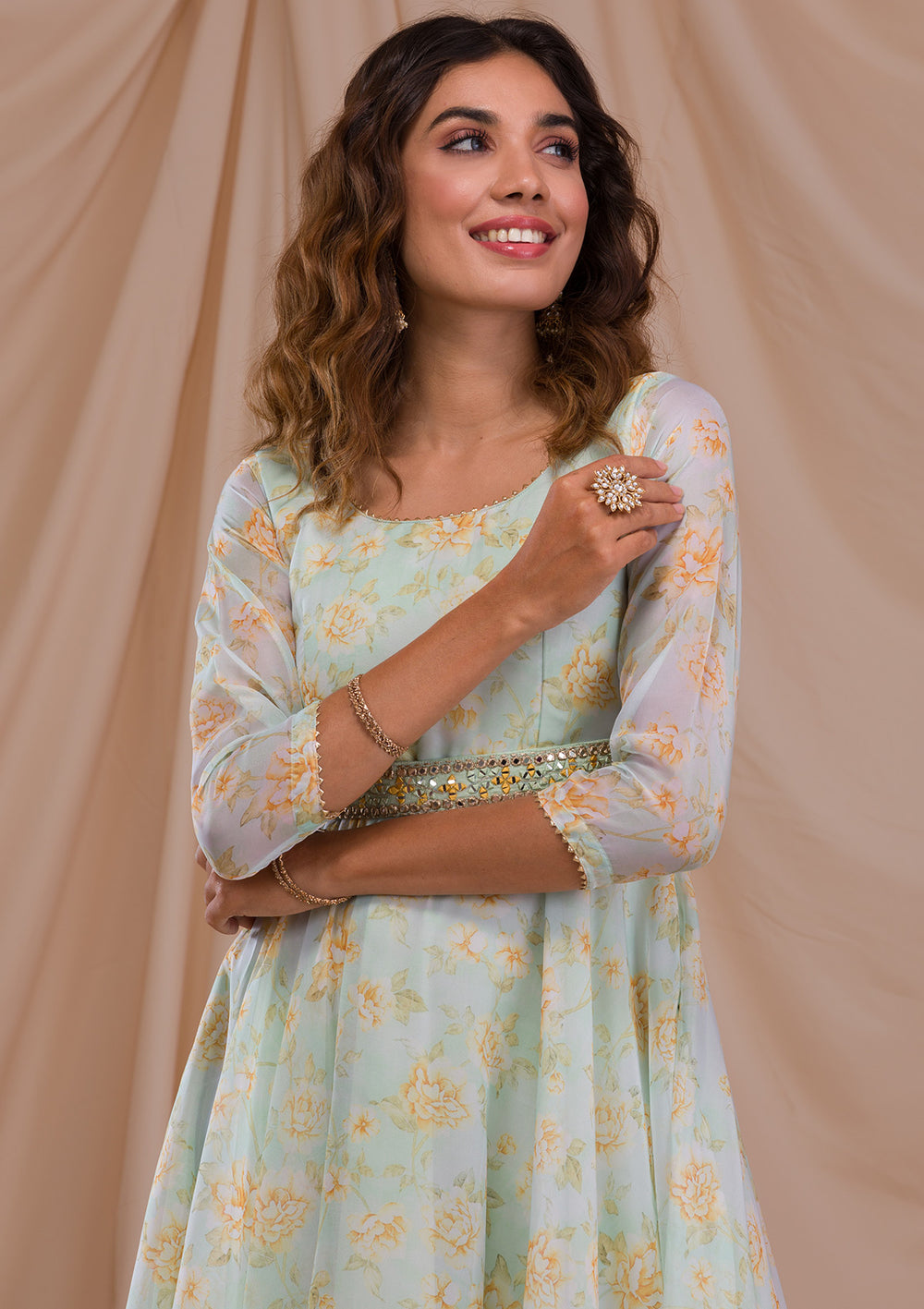 Pista Green Printed Tissue Readymade Salwar Suit-Koskii