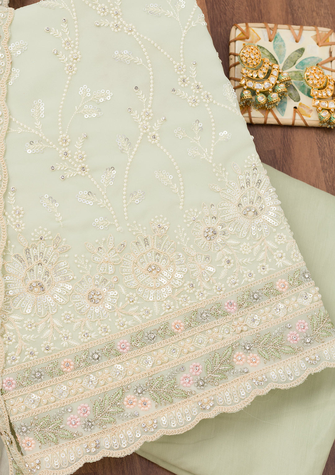 Pista Green Sequins Georgette Unstitched Salwar Suit