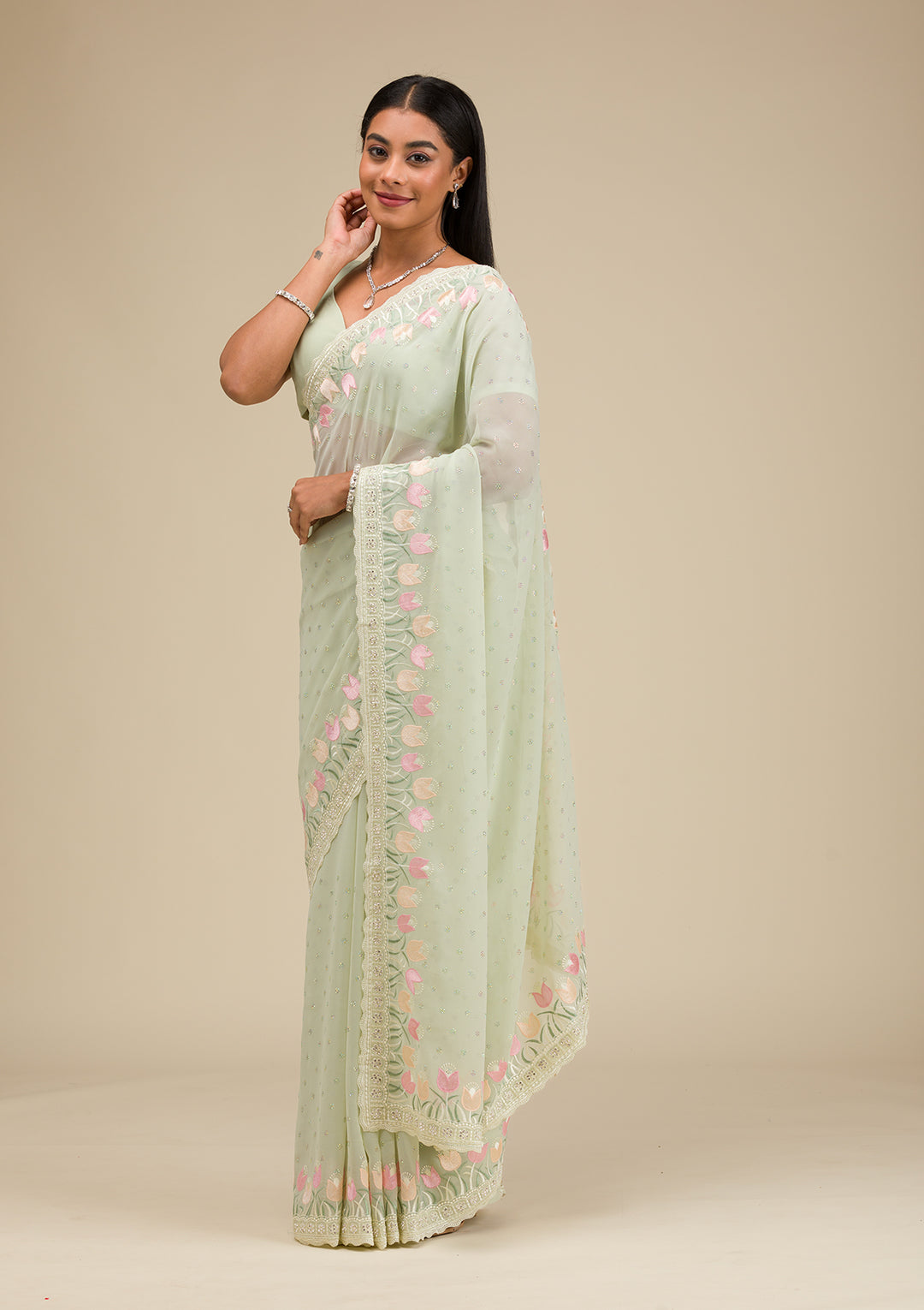 Pista Green Sequins Georgette Saree