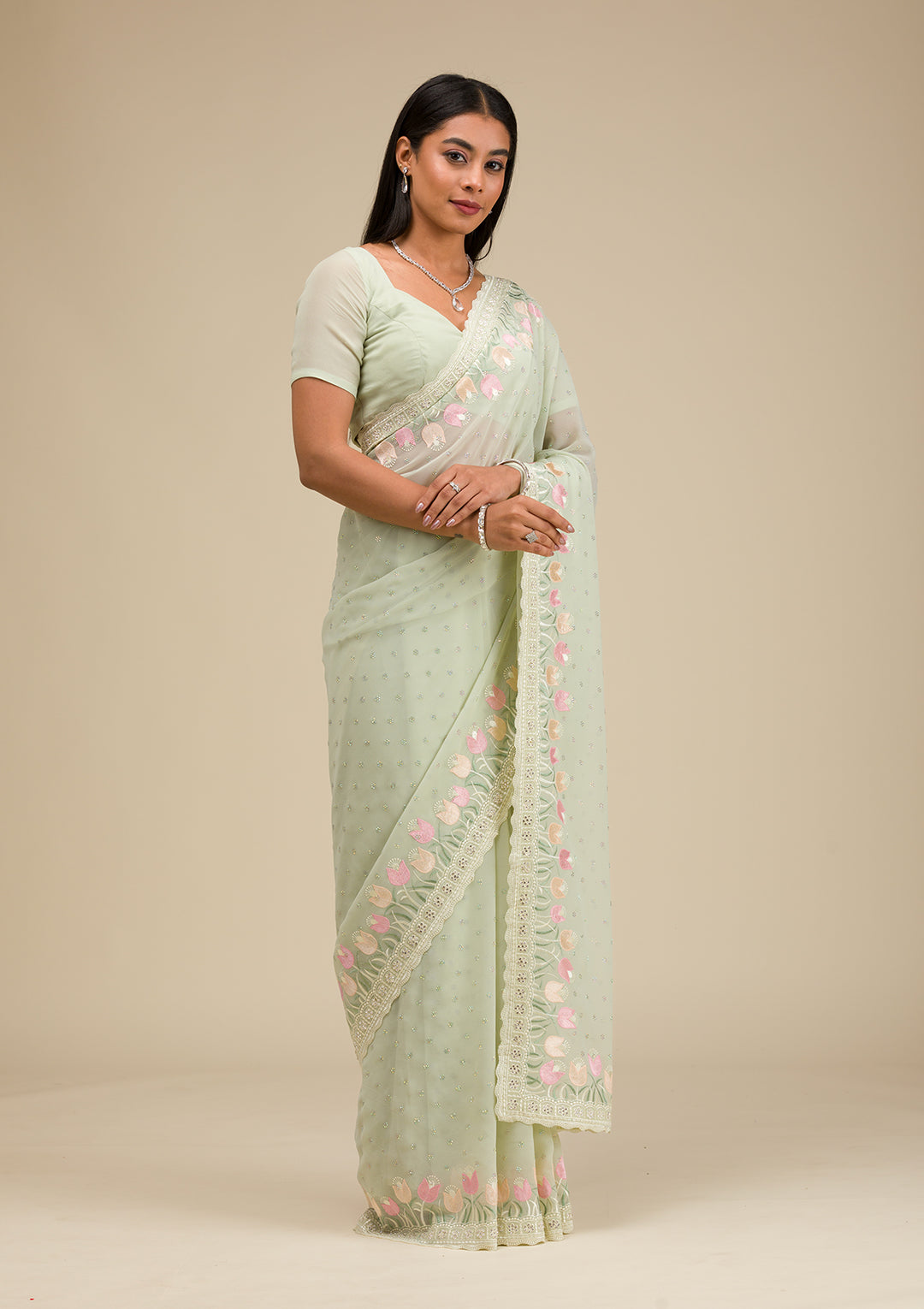 Pista Green Sequins Georgette Saree