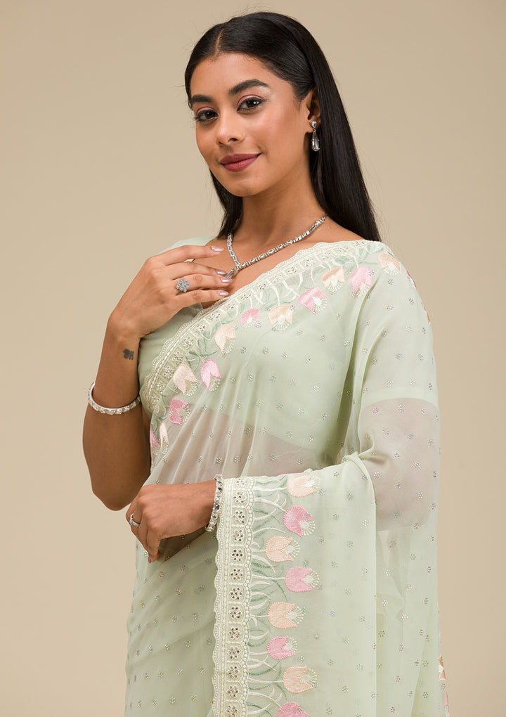 Pista Green Sequins Georgette Saree