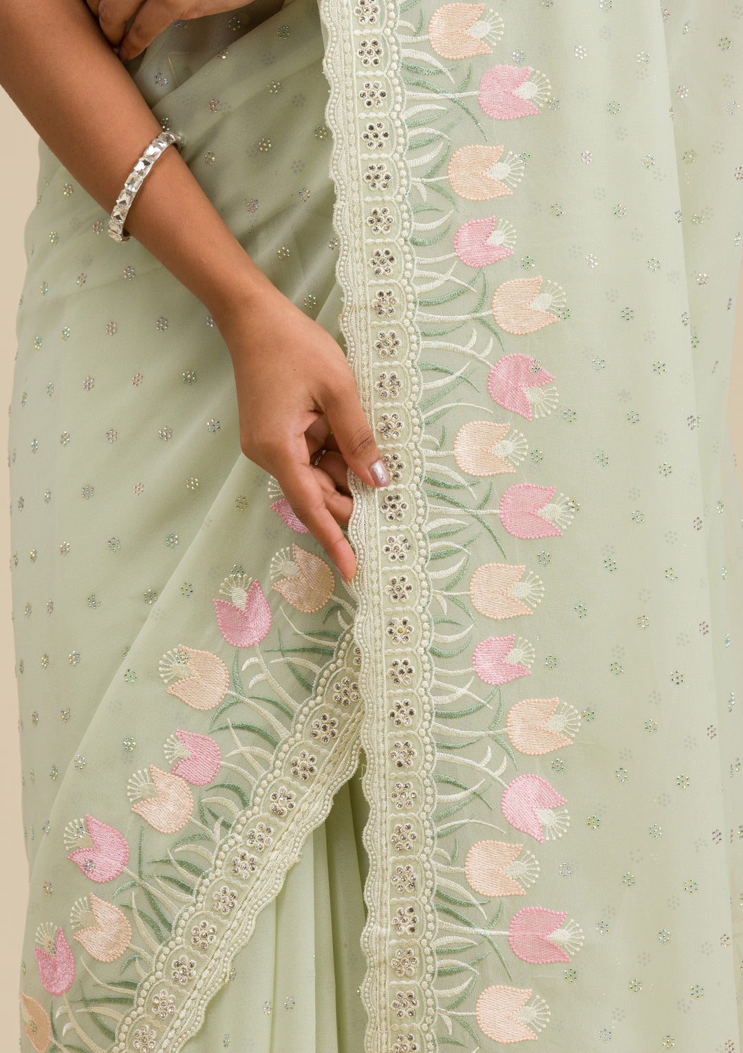 Pista Green Sequins Georgette Saree