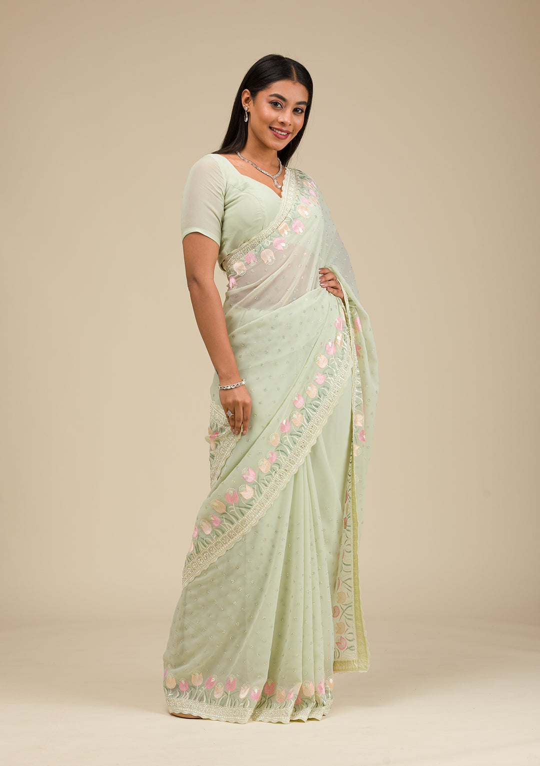 Pista Green Sequins Georgette Saree