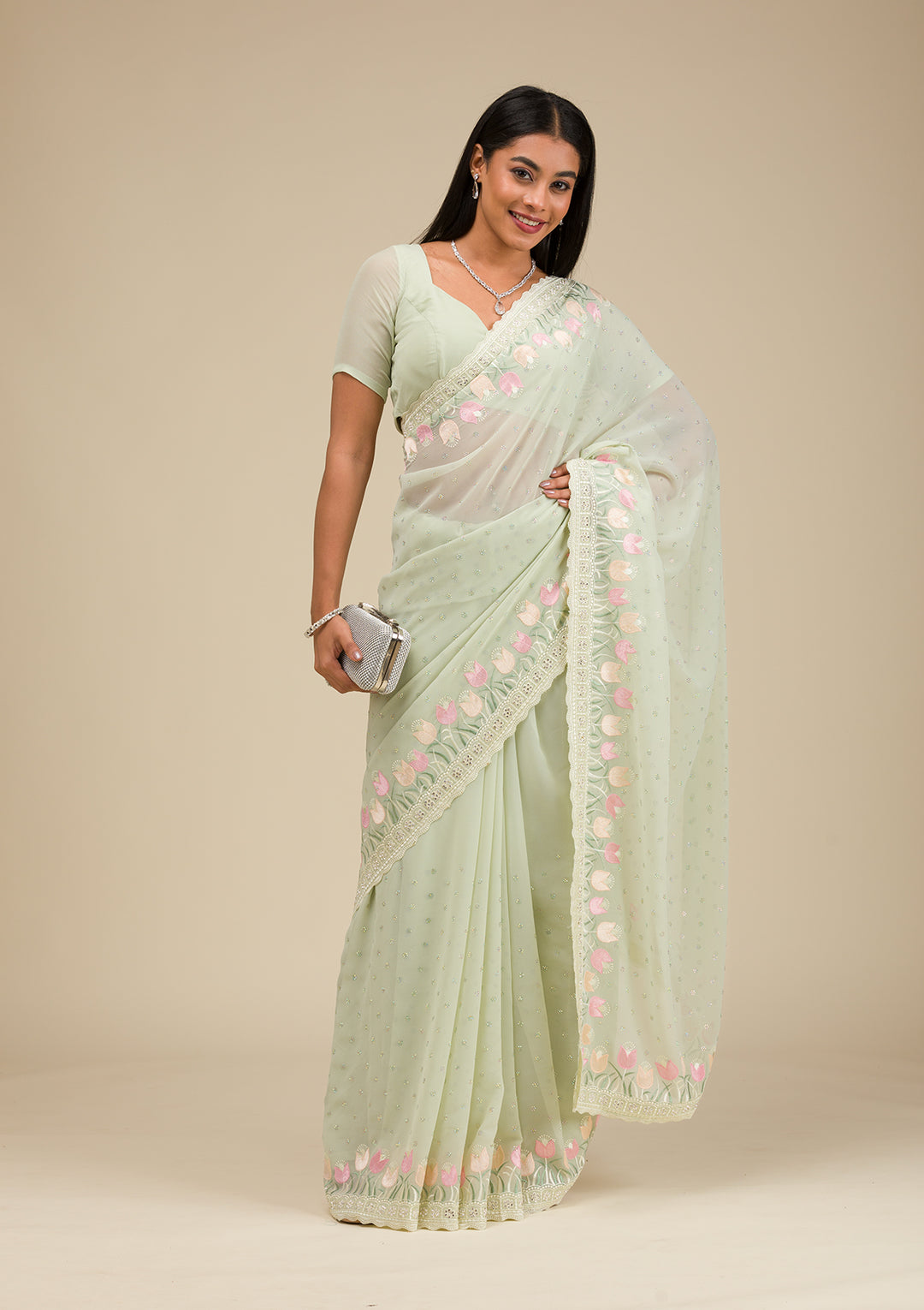 Pista Green Sequins Georgette Saree