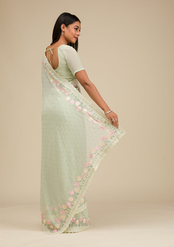 Pista Green Sequins Georgette Saree