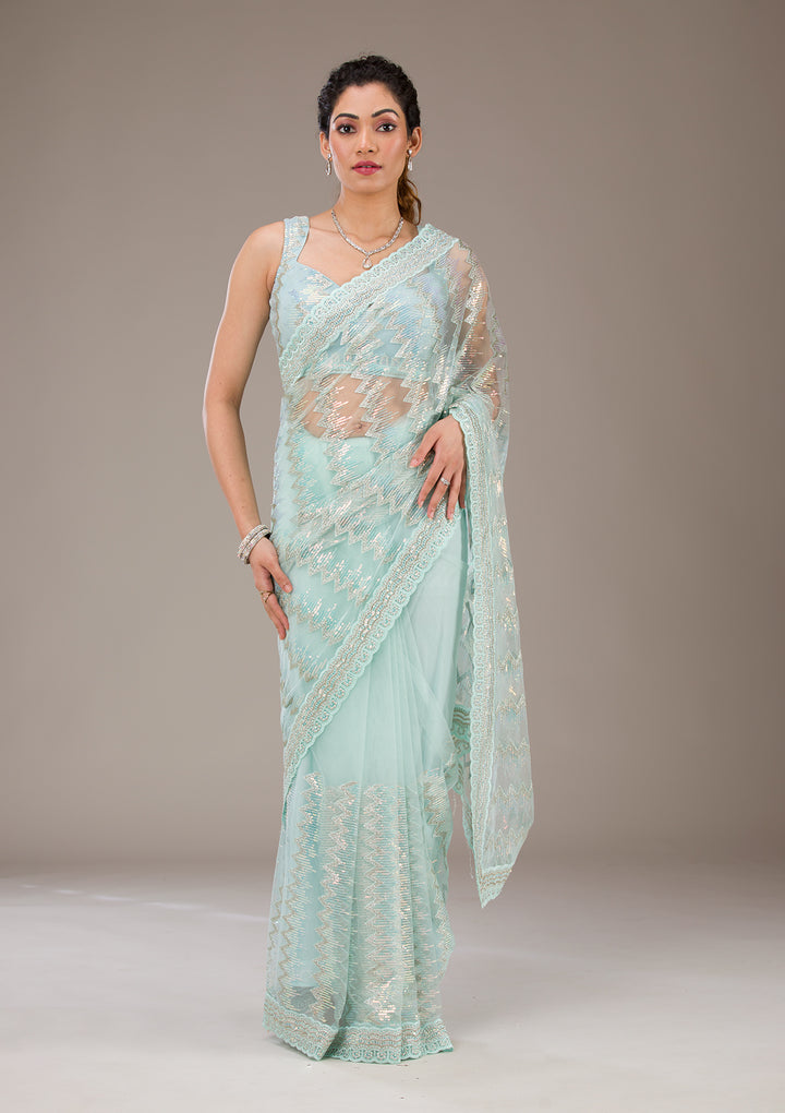 Pista Green Sequins Net Saree-Koskii