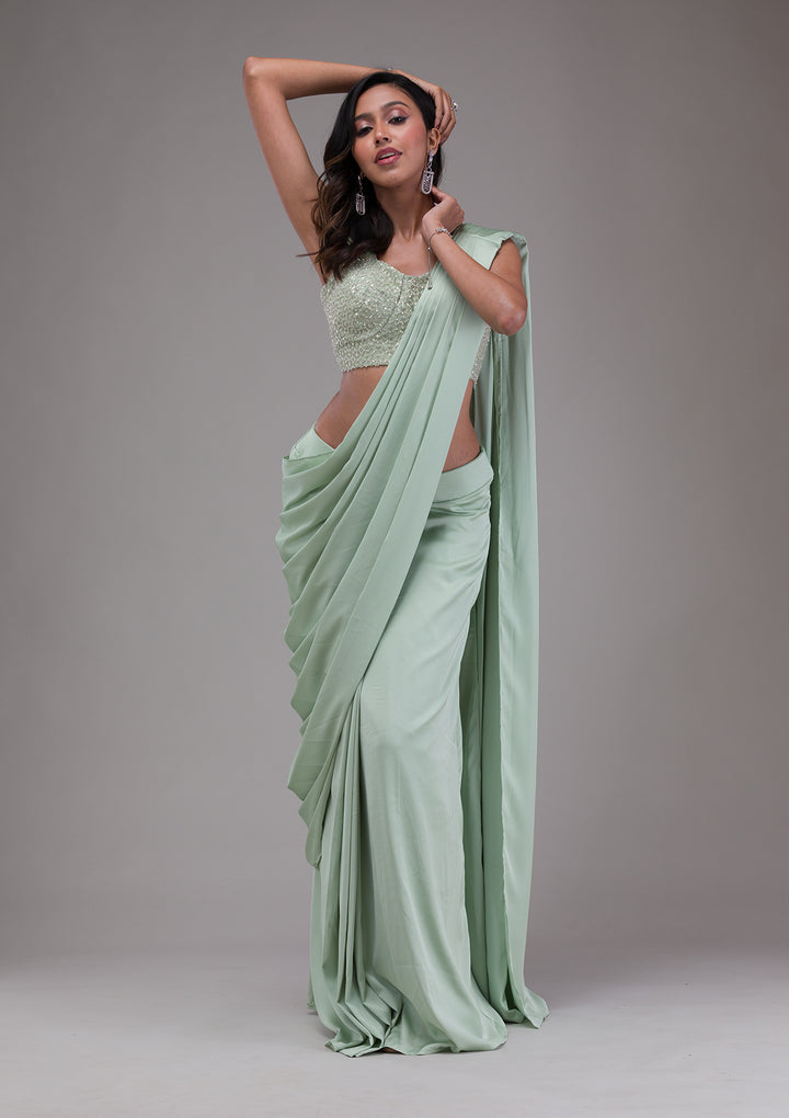 Pista Green Sequins Satin Readymade Saree