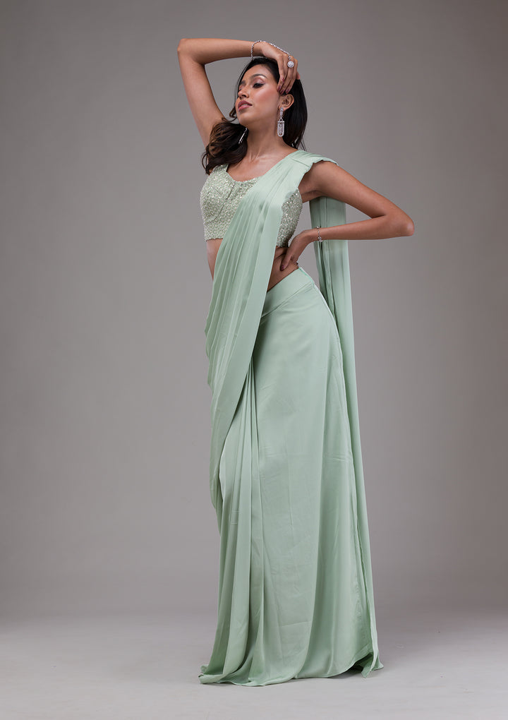 Pista Green Sequins Satin Readymade Saree