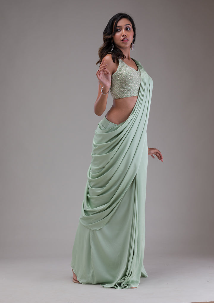 Pista Green Sequins Satin Readymade Saree